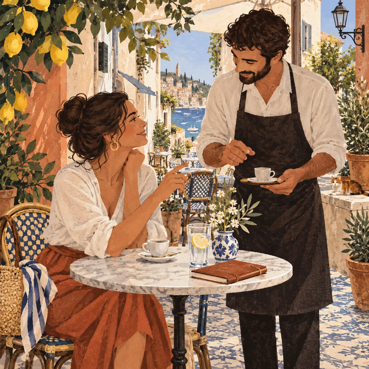 A traveler ordering from a café server in a warm Mediterranean setting
