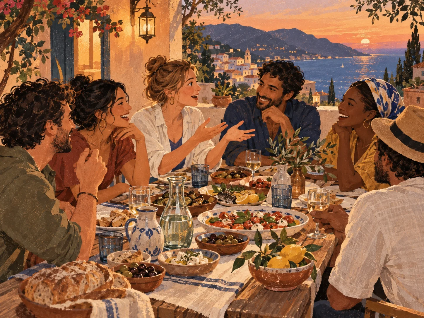 Friends sharing food and conversation around a Mediterranean dinner table at sunset