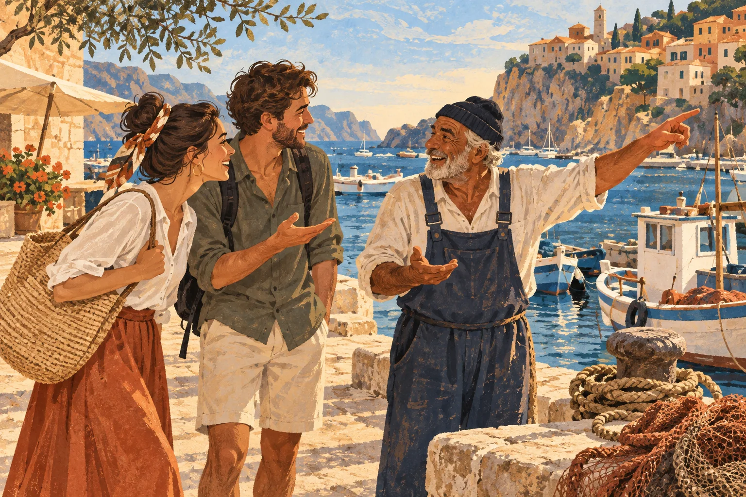 Travelers sharing a friendly exchange with a local fisher at a Mediterranean harbor
