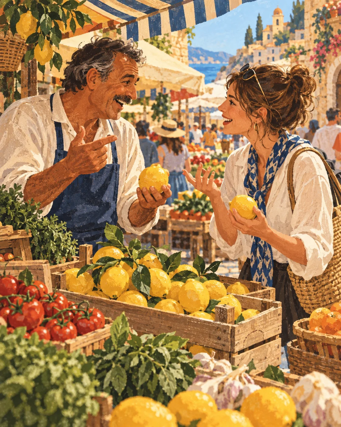 A traveler and market seller discovering a word together over a crate of lemons